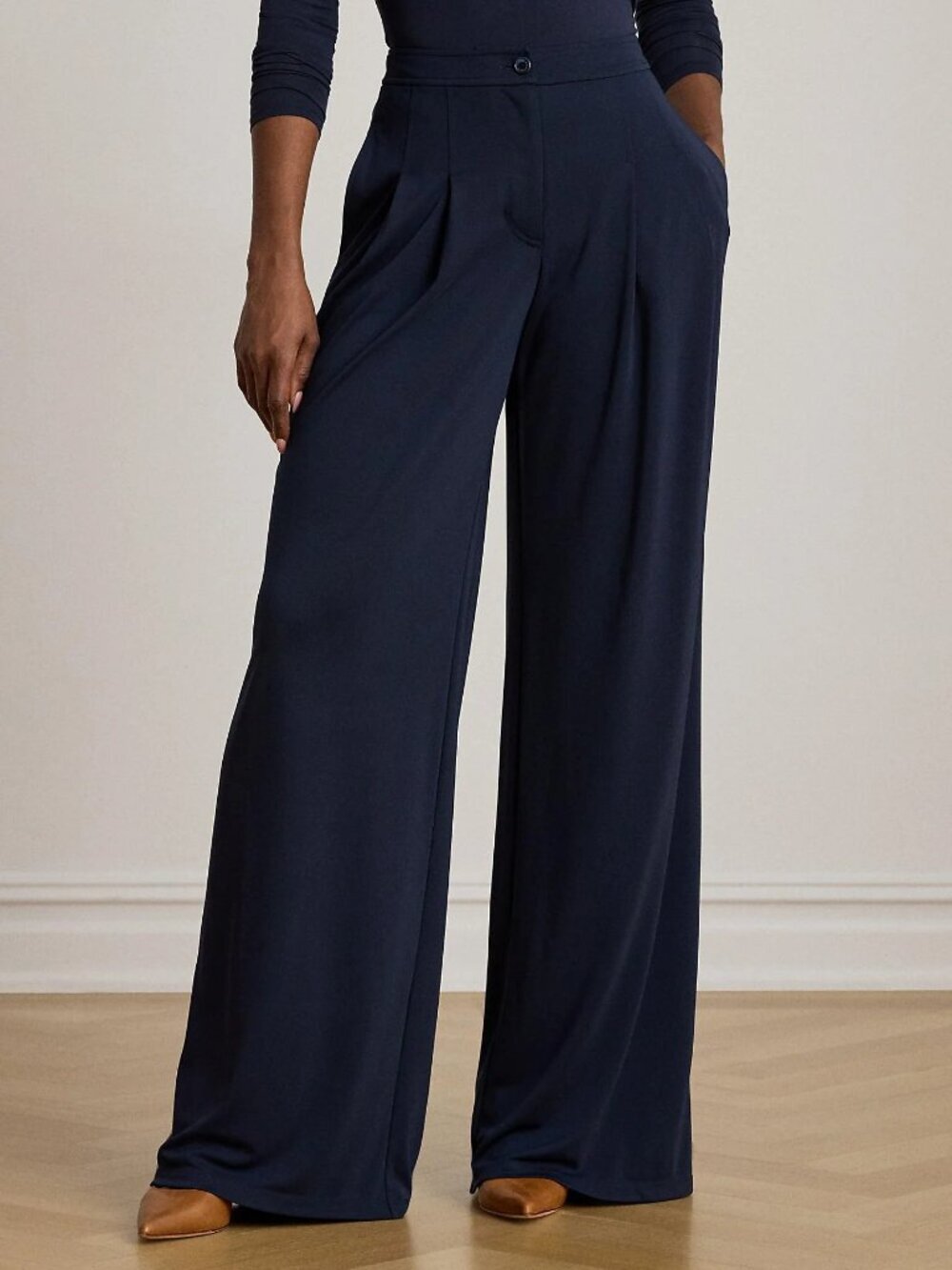 NWT Lauren Ralph Lauren Navy Blue Pleated Wide Leg Pants 6 P Petite